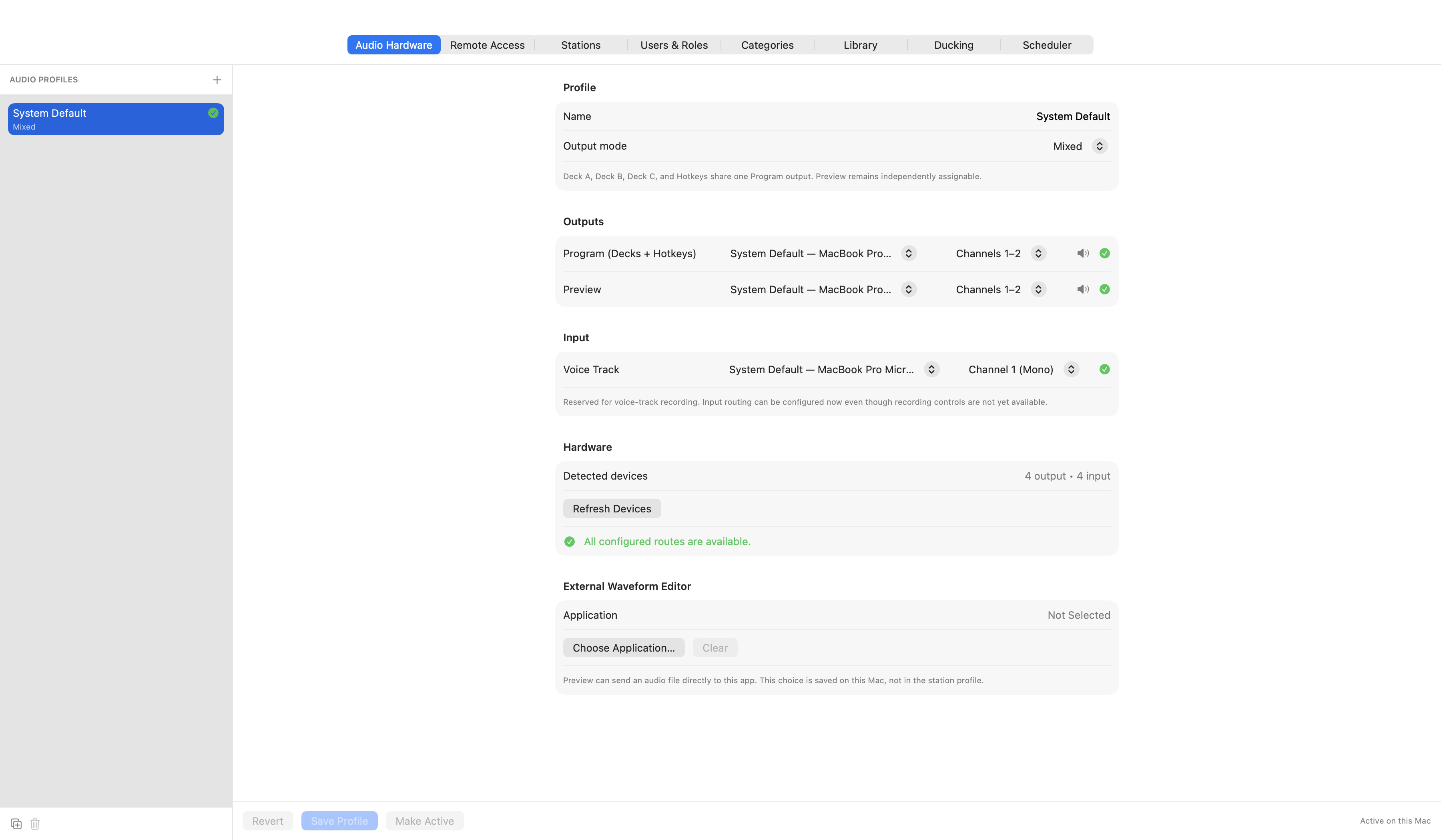 Airchain audio hardware profile settings