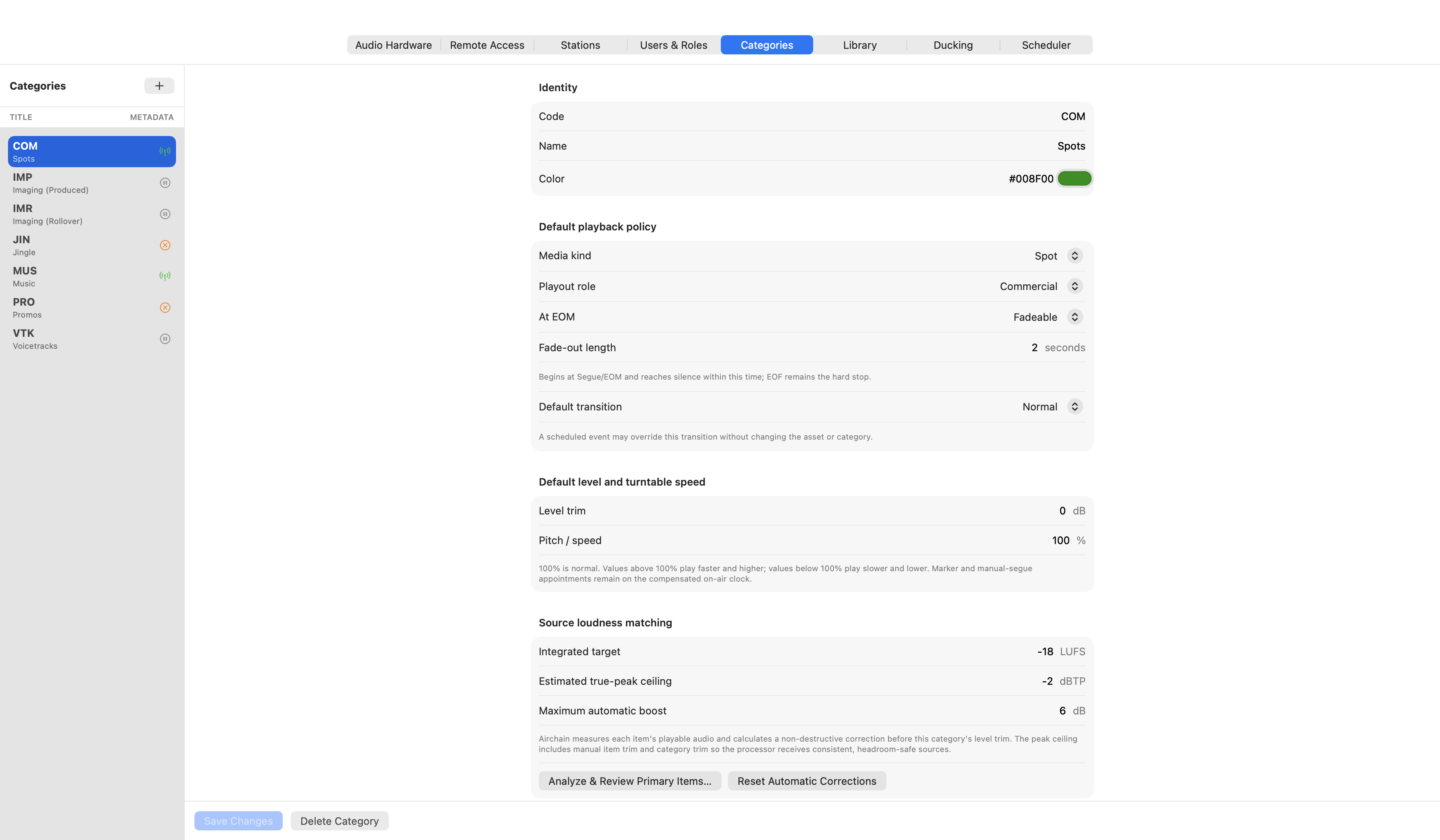 Airchain category and playback policy settings